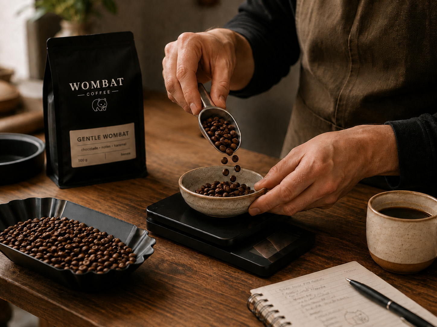 Koffie zorgvuldig afwegen naast Gentle Wombat met het Wombat-logo