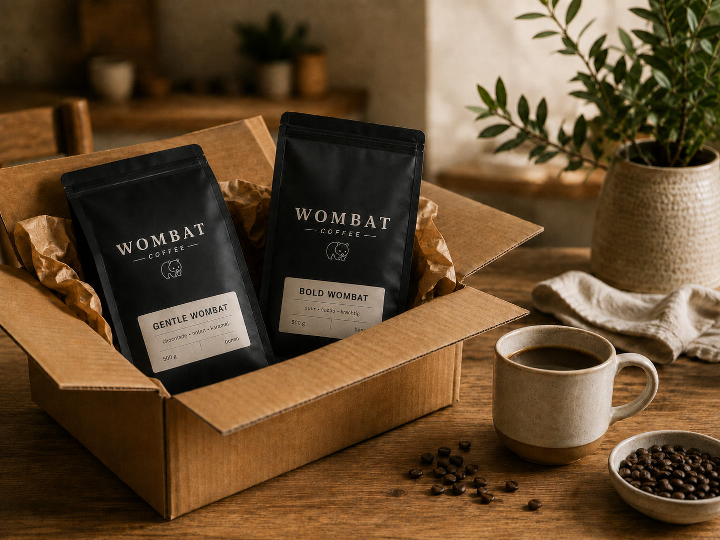 Gentle en Bold Wombat samen met het Wombat-logo verpakt voor een koffieabonnement