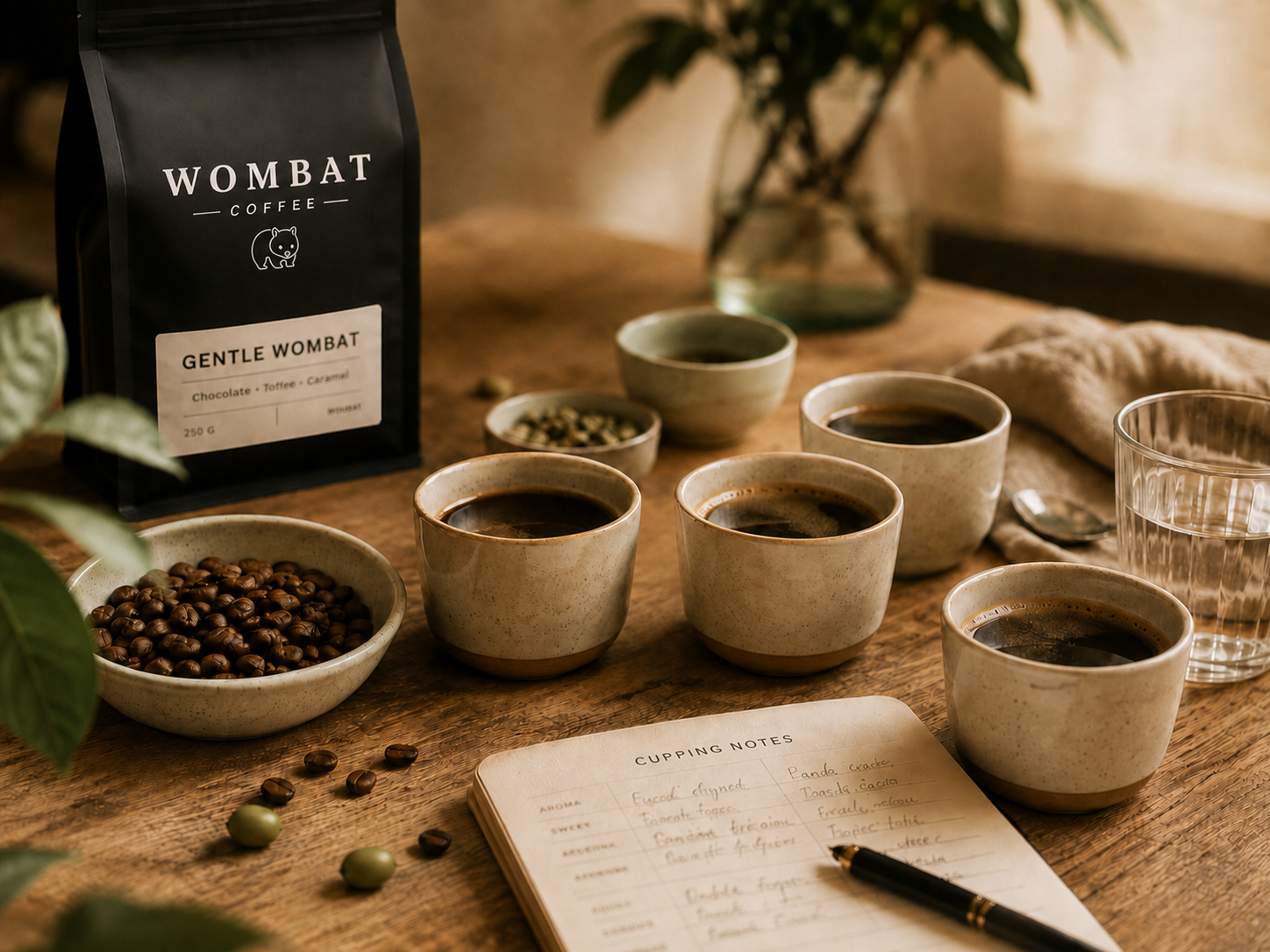 Verschillende koffies proeven en smaaknotities vastleggen naast Gentle Wombat met het Wombat-logo